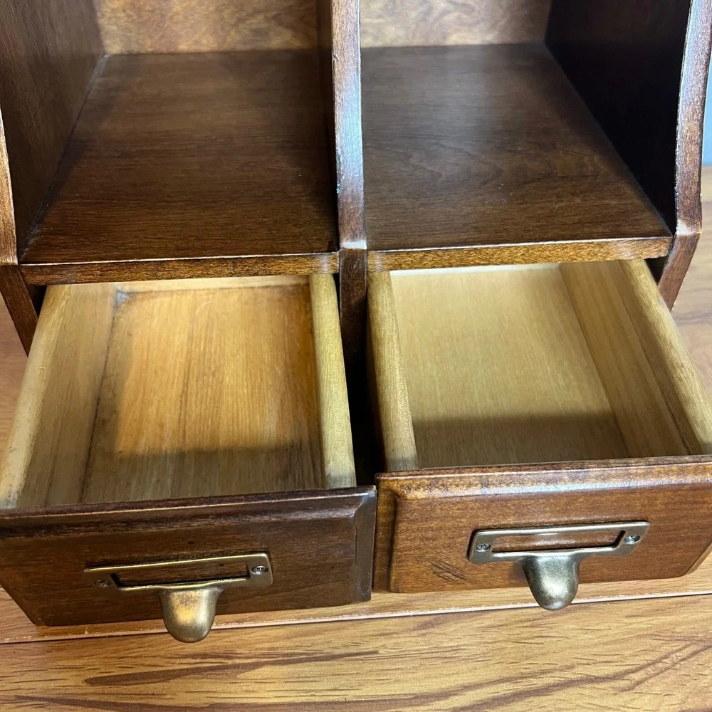 Vintage‎ 2 Drawer Desktop Organizer w/ File Drawers Wooden Library Rustic 10.25